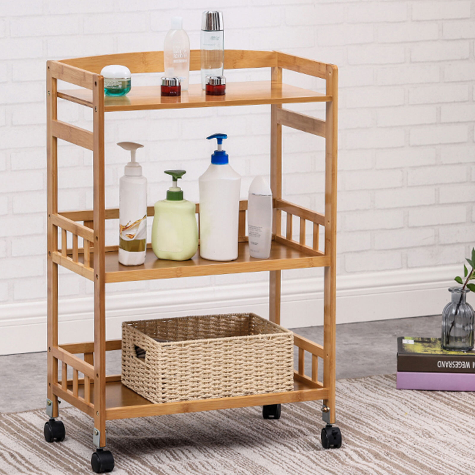 Kitchen Mobile Rolling Serving Cart Storage 3 Tiers Standing Wood Color