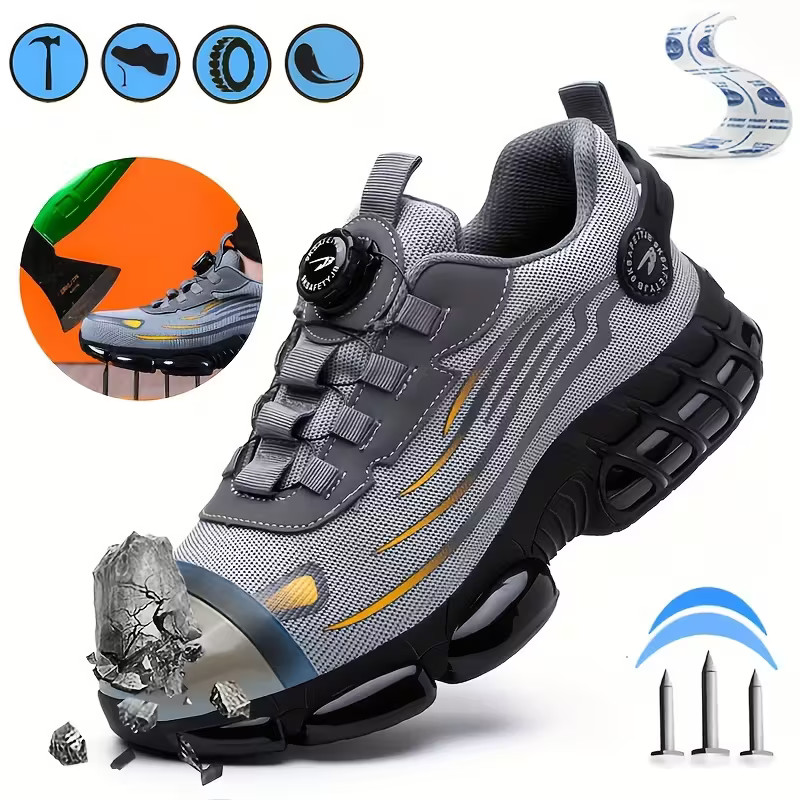 Men Safety Toe Work Shoes Rotating Buckle Breathable Non-Slip Steel Toe Sneakers