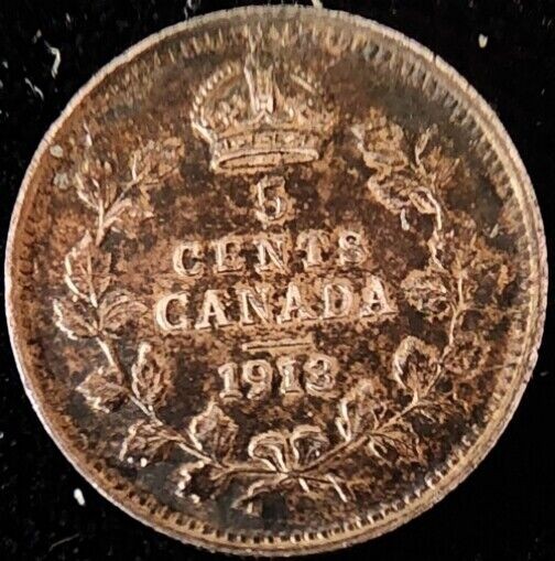 1913 Canada 5 Cents 925 Silver George V KM 22 Good Details Highly Toned