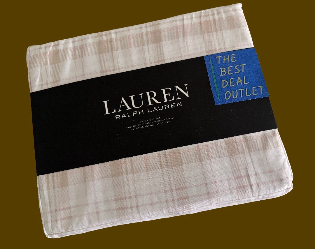 New Ralph Lauren Twin Sheet Set 3 PCS Deep Fit 100% Cotton Beige Pink Plaid