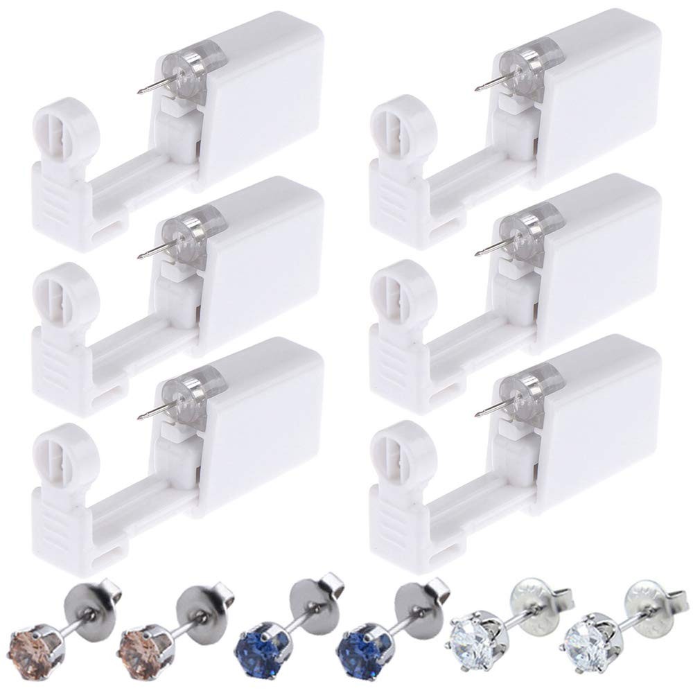 Silmy Ear Piercing Kit - 6 Pack Disposable Self 6pcs-Blue+Silver, White