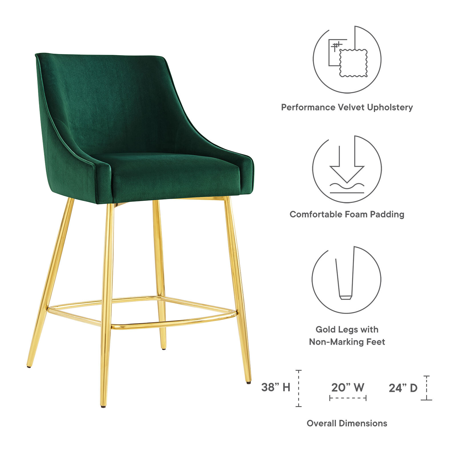 Modway Discern Upholstered Performance Velvet Counter Stool in Green