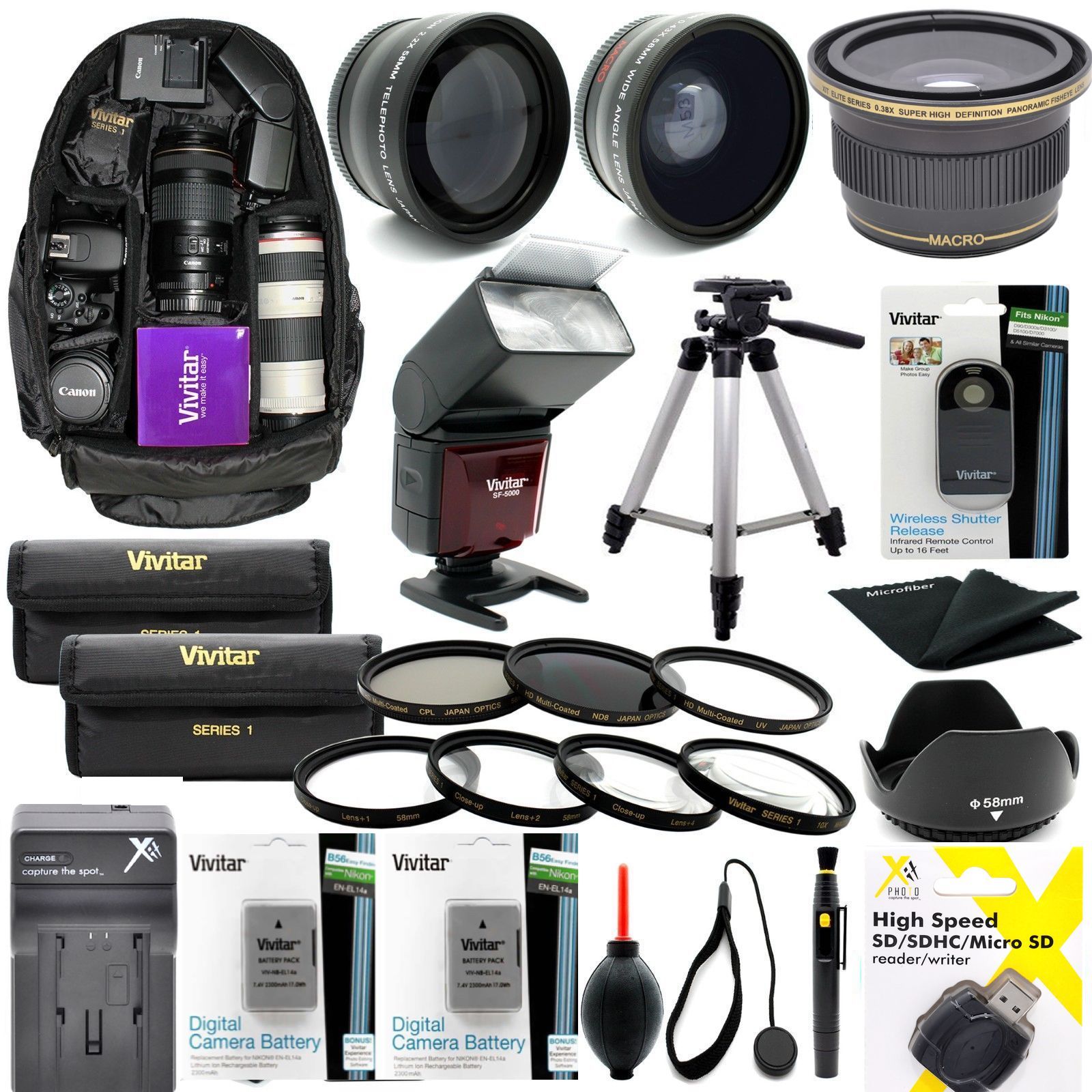 CANON EOS REBEL SL2 COMPLETE HD4-8K ACCESSORY KIT FLASH/BACKPACK/LENSES/TRIPOD