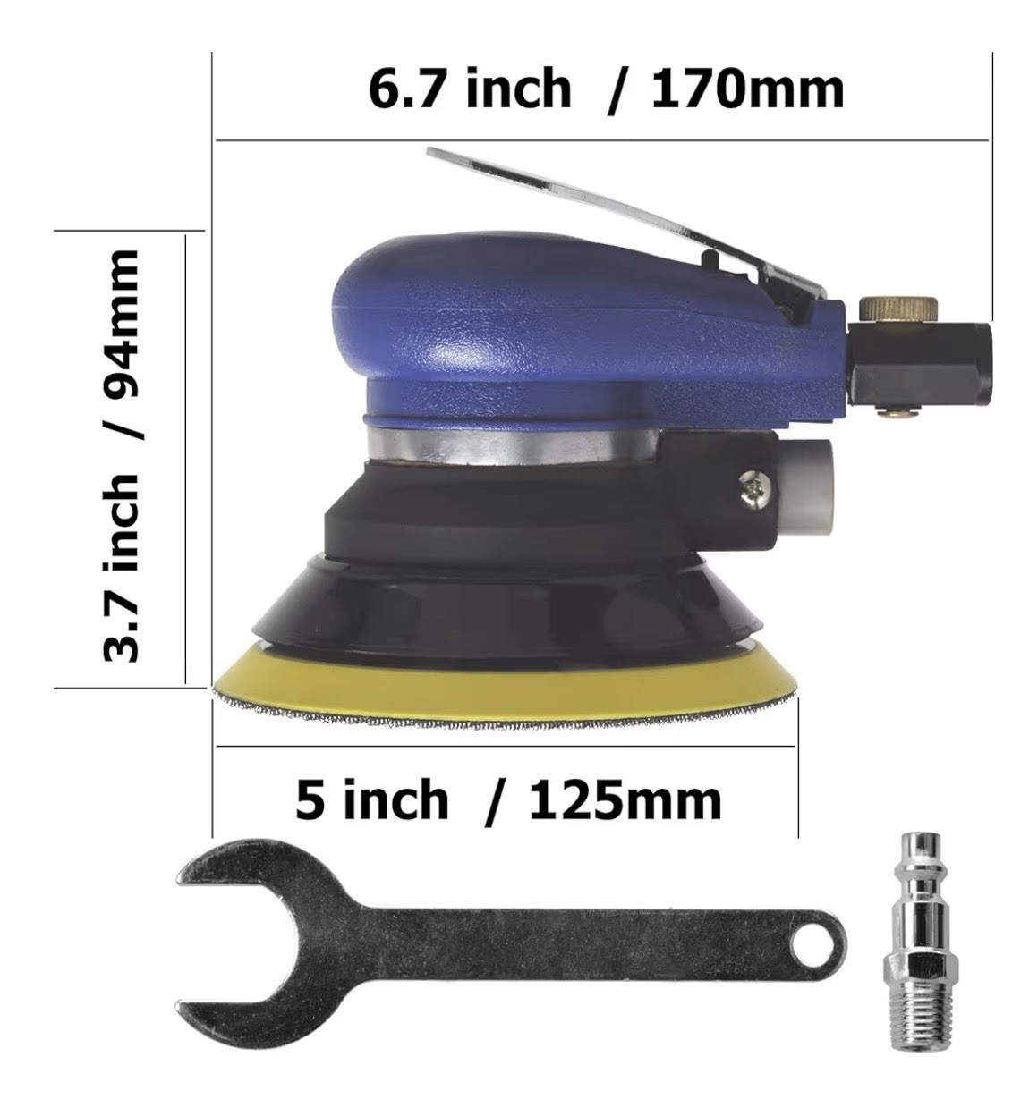 5” Blue Pneumatic Random Orbital Sander, Palm Held, Adjustable Grinder Sander