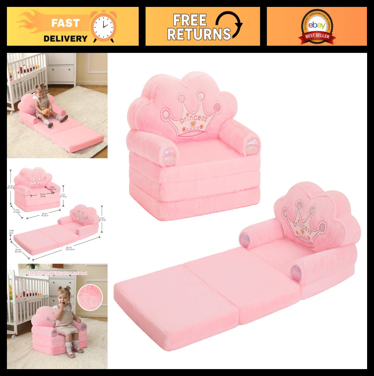 Comfy Foldable Princess Couch for Girls - Toddler Recliner Chair, Kids Furniture