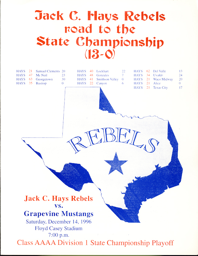 1996 4A Hays vs Grapevine State Championship Program