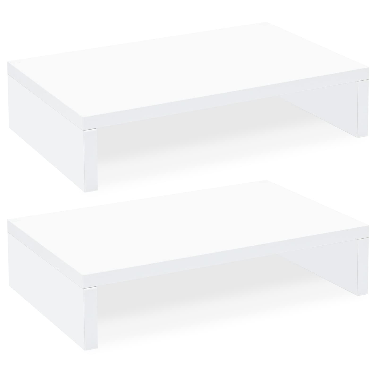 White Monitor Stand Riser - 2 Pack, Wood 2 Tier Adjustable Dual Monitor Riser...