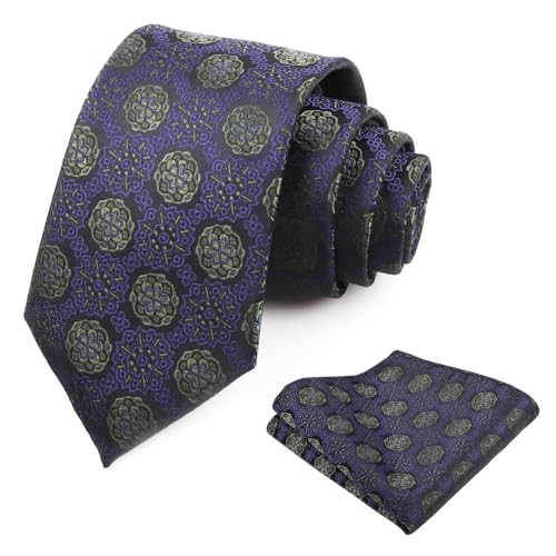 Mens Vintage Solid Plaid Tie with Pocket Square 3.15inches 149-navy Blue+sage