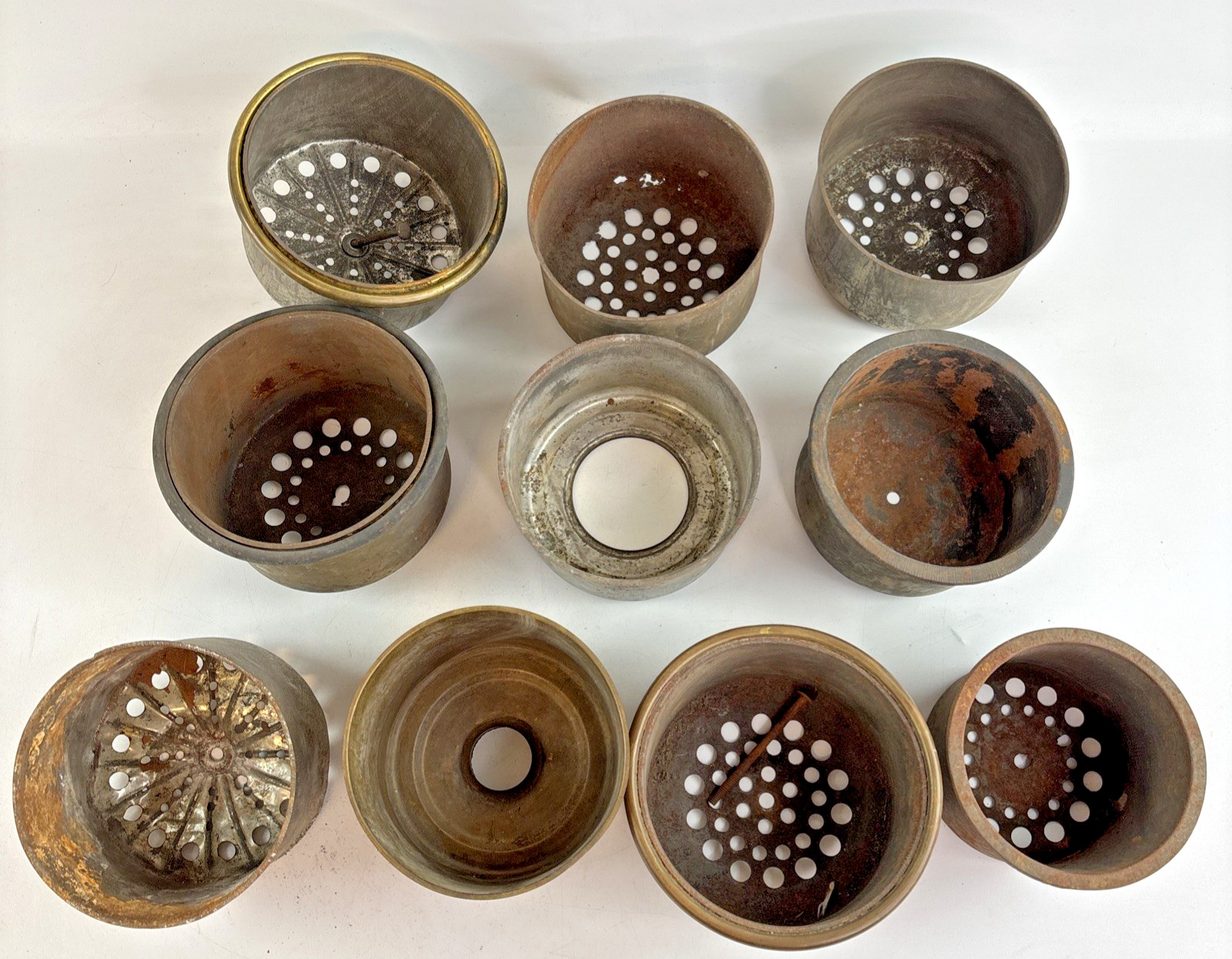 Lot of 10 Antique Metal Drop In Font Tank Holders for Oil Lamp GWTW Vented