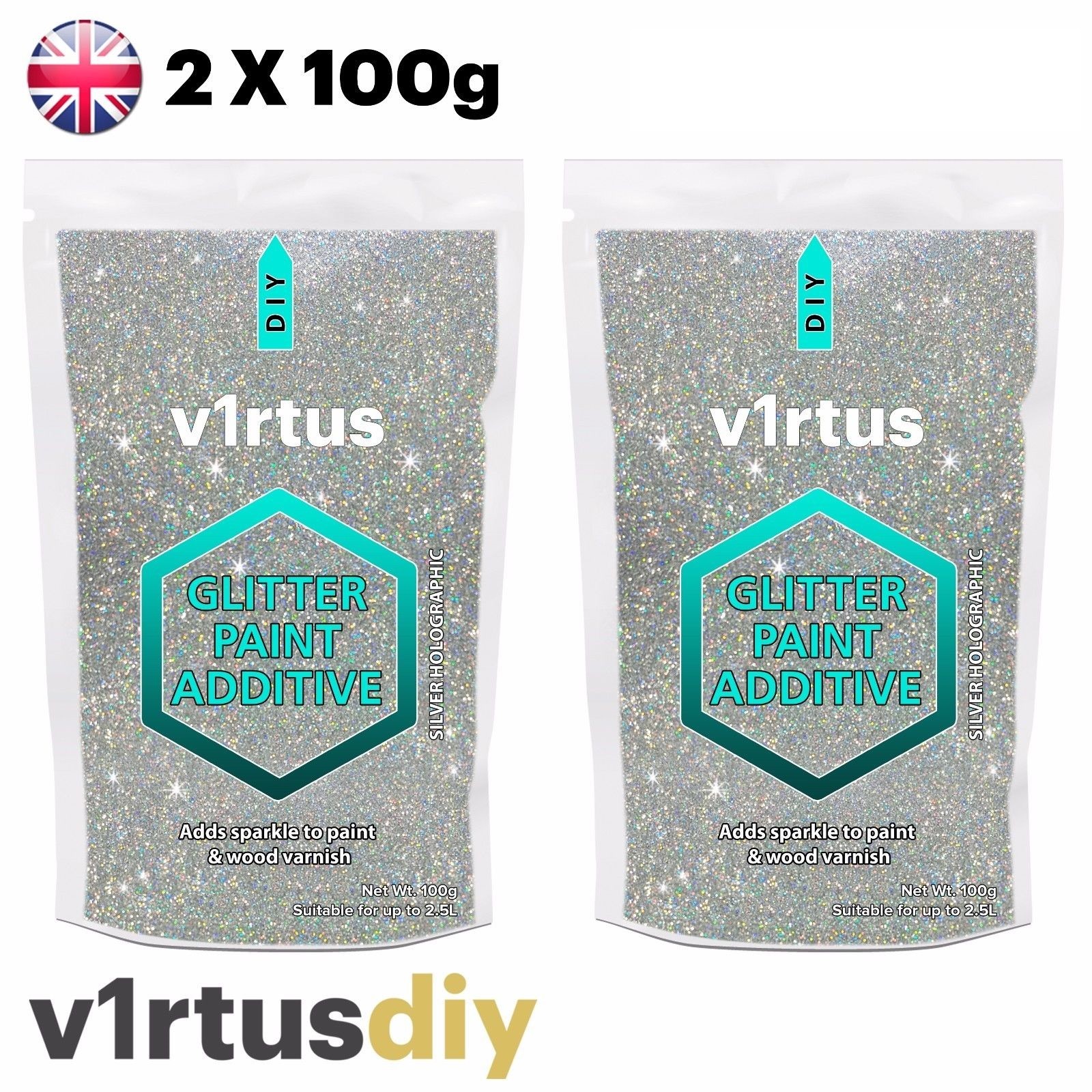 2 X v1rtus Silver Holographic Glitter for Emulsion Paint Walls Ceilings Bedroom