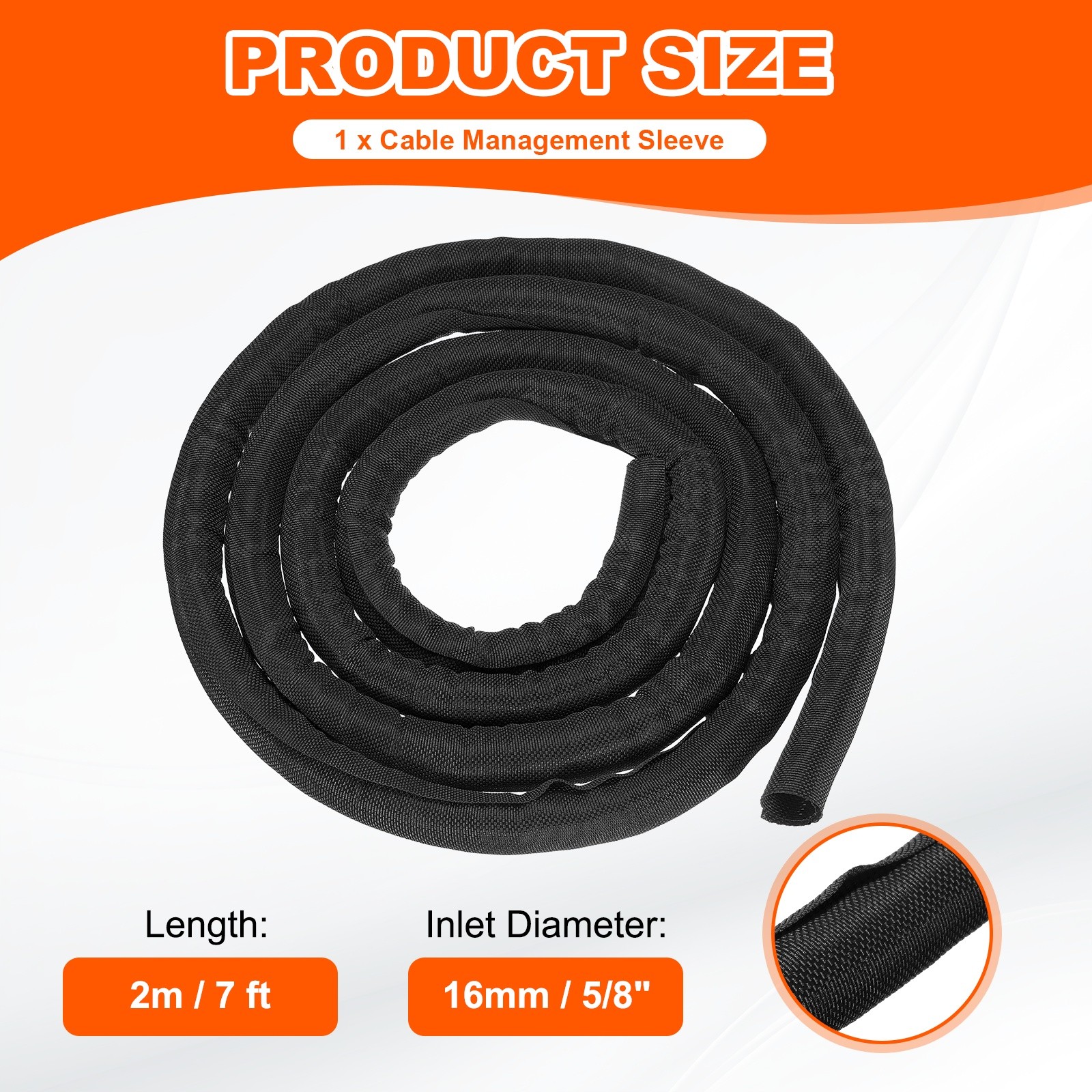 Wire Split Braided Cable Management Sleeve, Black (5/8" - 7 Feet)