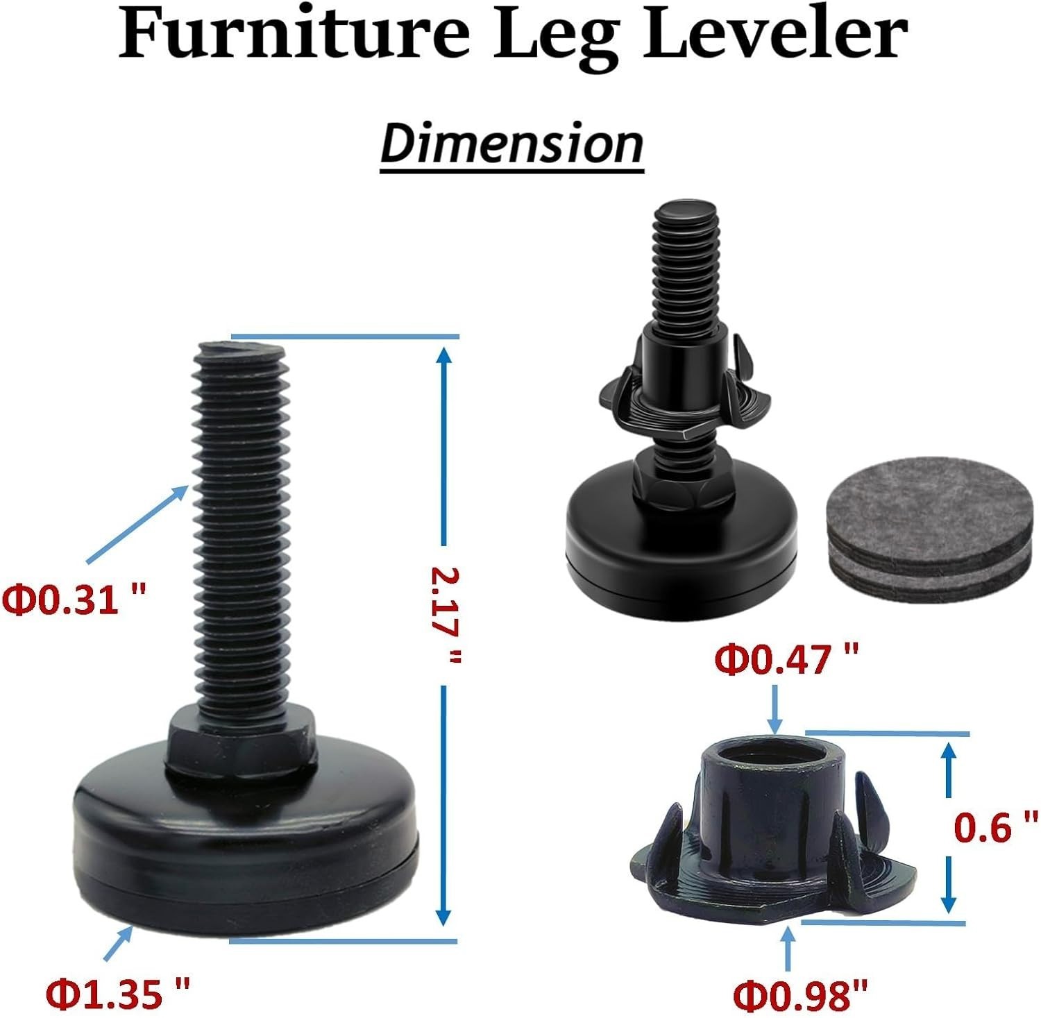 3/8" Threaded Leveling Feet Adjustable Table/Furniture Feet Levelers Screw on He