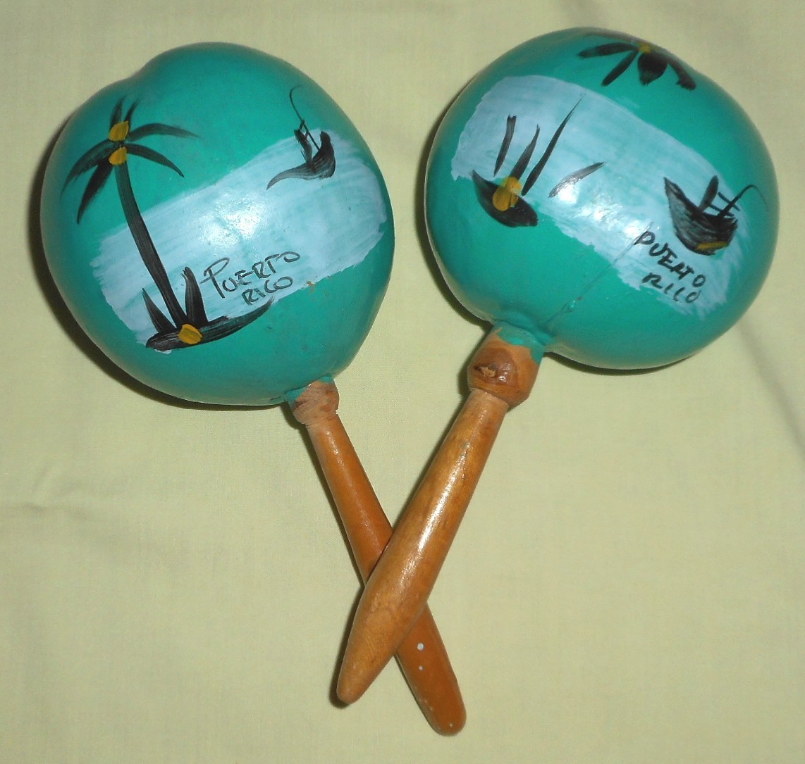 Pair of Gourd Maracas w. Wood Handles from Puerto Rico –Handcrafted, Handpainted