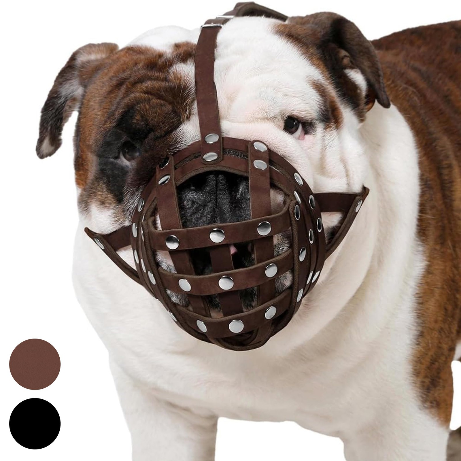 Leather Basket Dog Muzzle for Boxer, English American Bulldog Secure AntiBark...