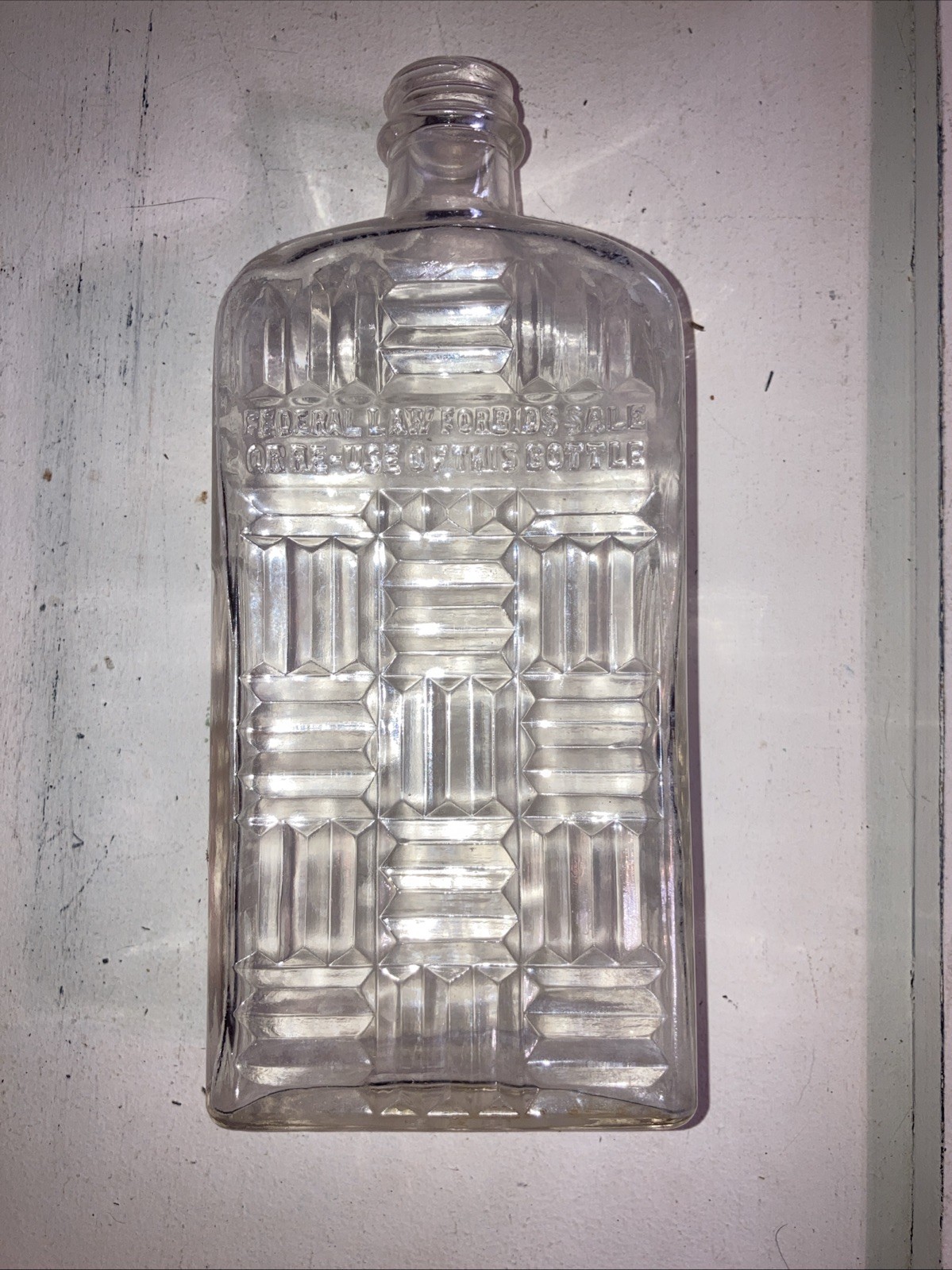 Vintage 1940 Clear Glass Whiskey Bottle – “Federal Law Forbids Sale or Re-Use” –