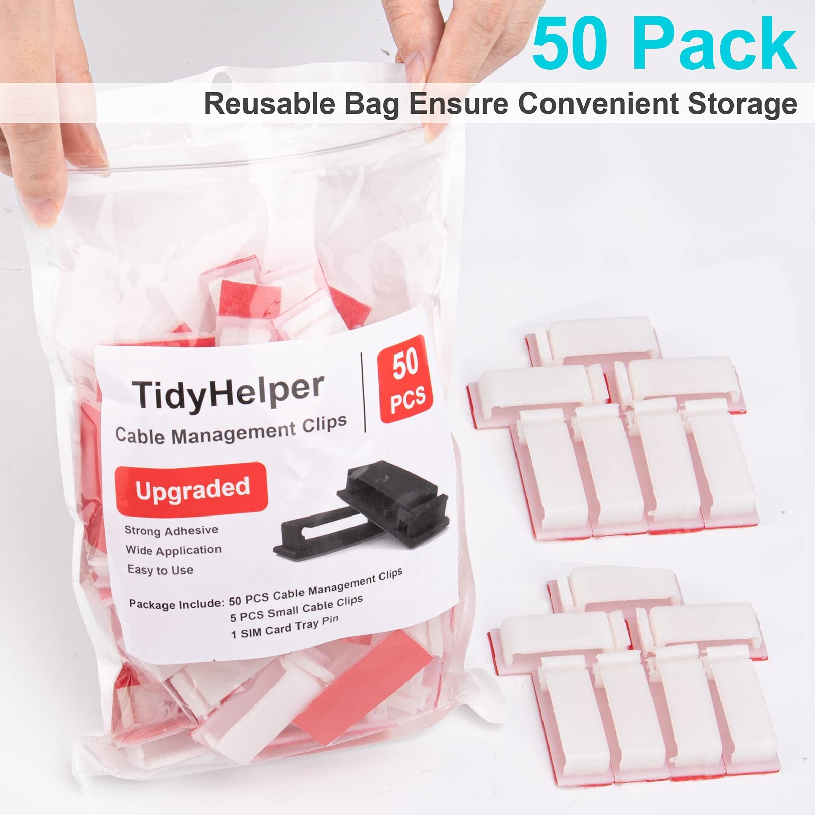 50 PCS Under Table Cable Management Clips White, Large Cable Clips for Comput...