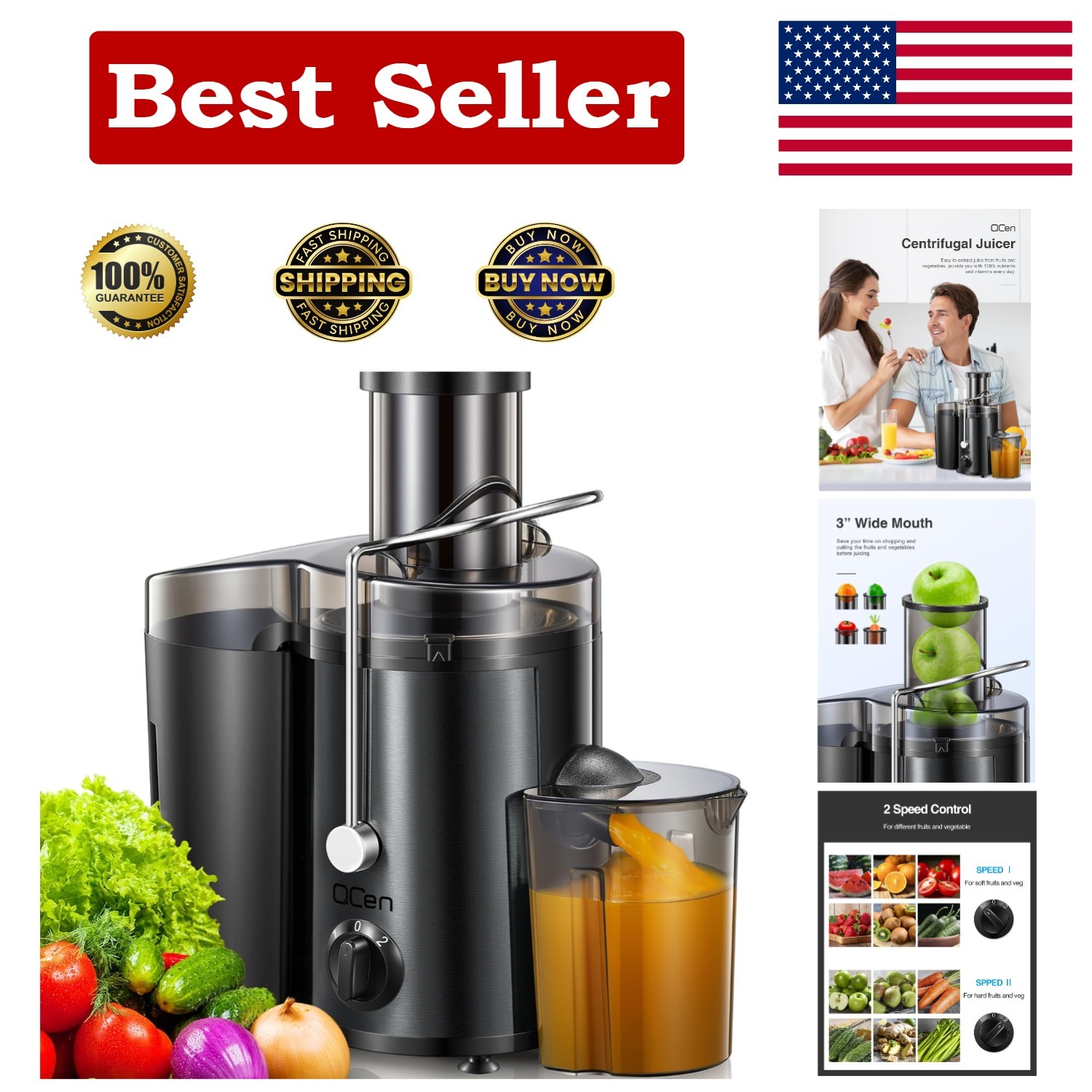 Dual Speed 500W Stainless Steel Juicer with Wide Mouth & Overheat Protection