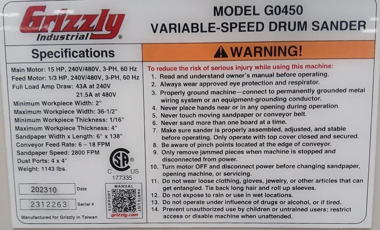Grizzly 37" 3-Phase Drum Sander