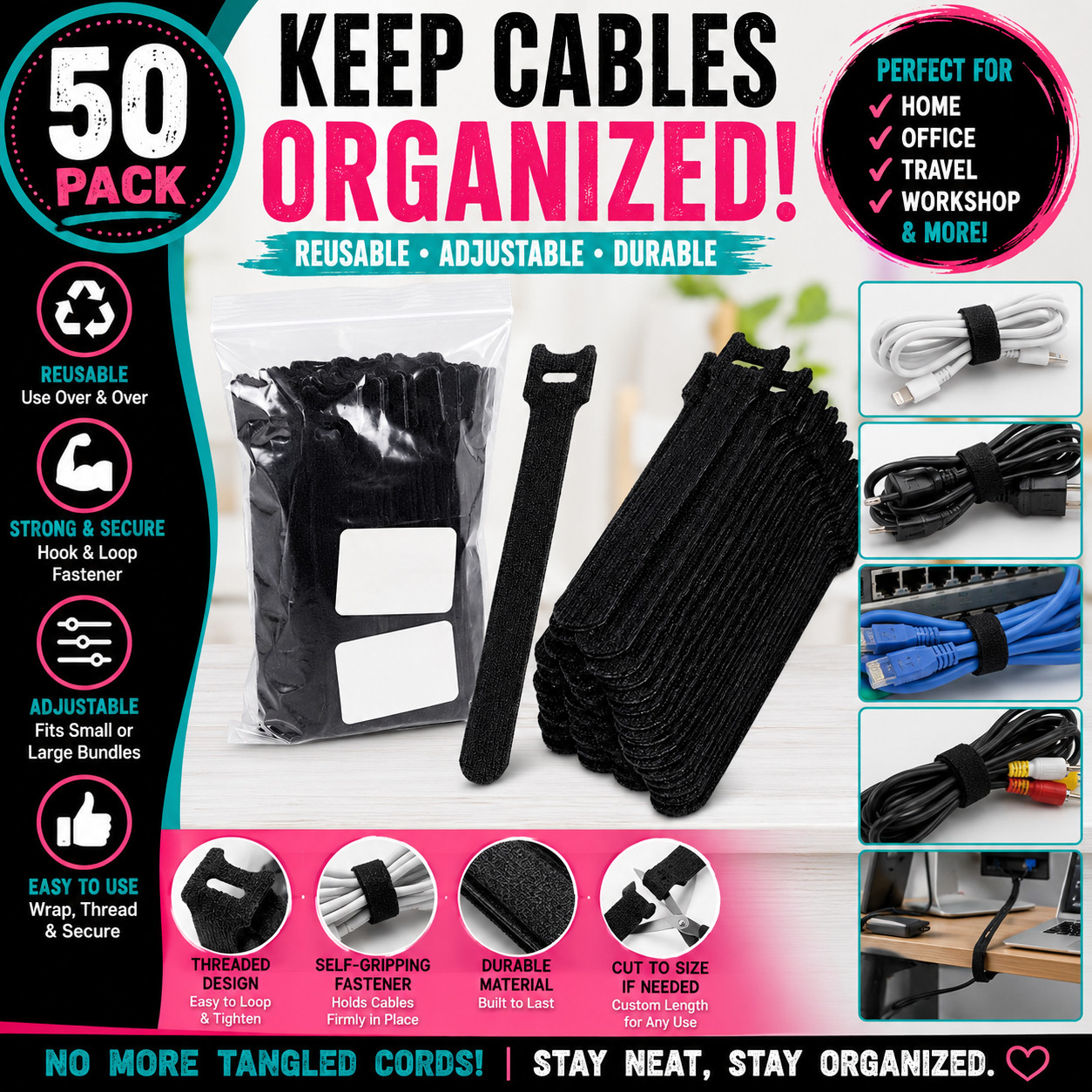 50 Pack Reusable Hook & Loop Cable Ties Cord Management Straps Black Wire NIP