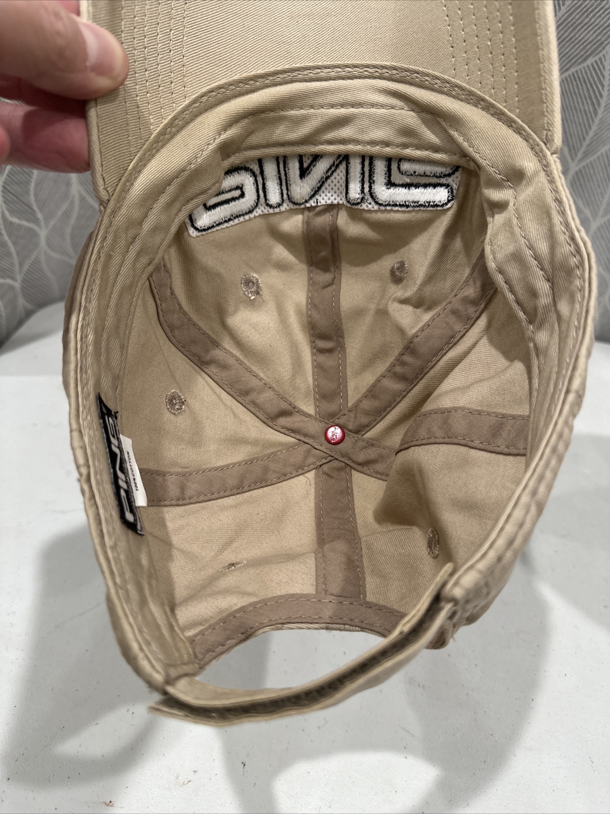 Ping Tan Hook and Loop Strap Hat with White Embroidered Lettering