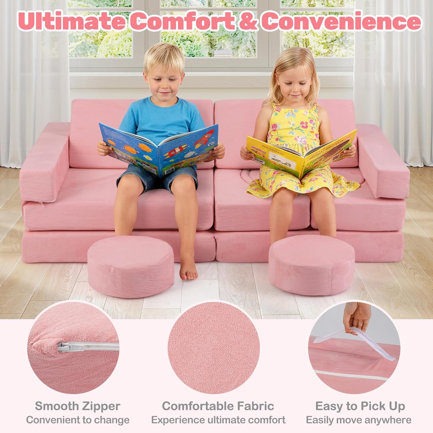Modular Kids Play Couch - 13 PCS Soft Foam Sectional Sofa for Playroom (Pink)