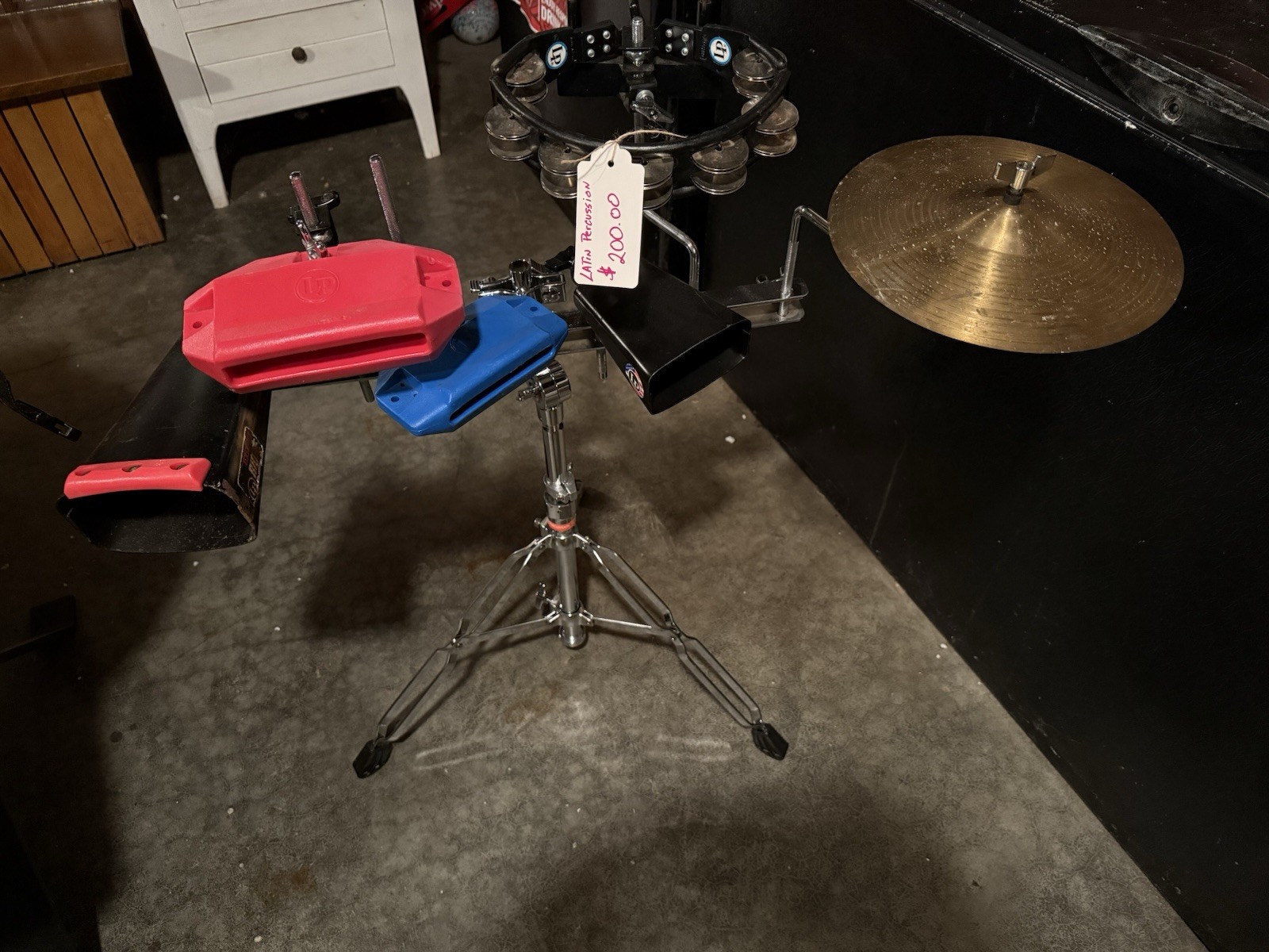 Latin Percussion….Stand, Wood Blocks, Cow Bells, Tambourine, 10” splash