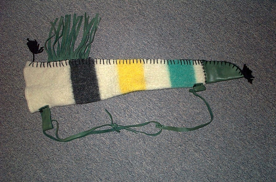 PRIMITIVE ARCHER, HAND SEWN, WOOL ARROW QUIVER 25"