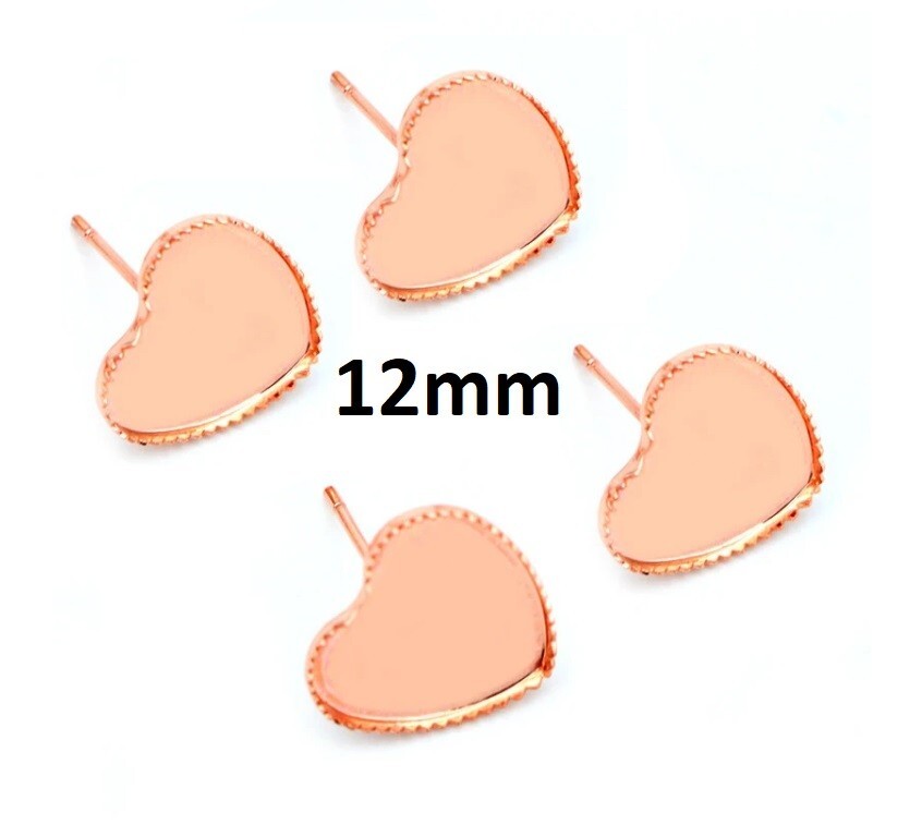 10 pcs. Rose Gold Heart Earring Posts Settings Bezels Cabochons Tacks 12mm
