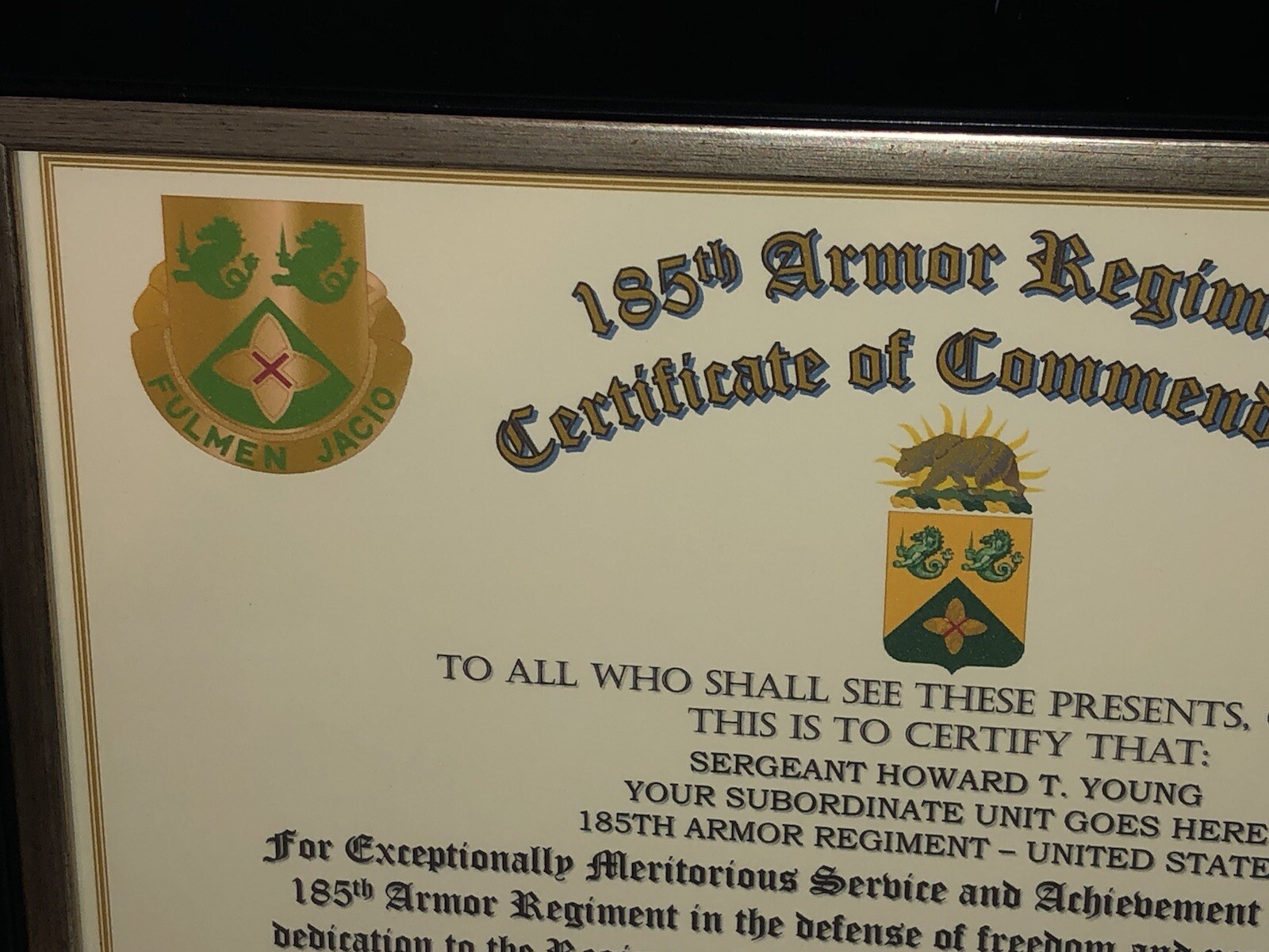 185TH ARMORED REGIMENT / COMMEMORATIVE - CERTIFICATE OF COMMENDATION