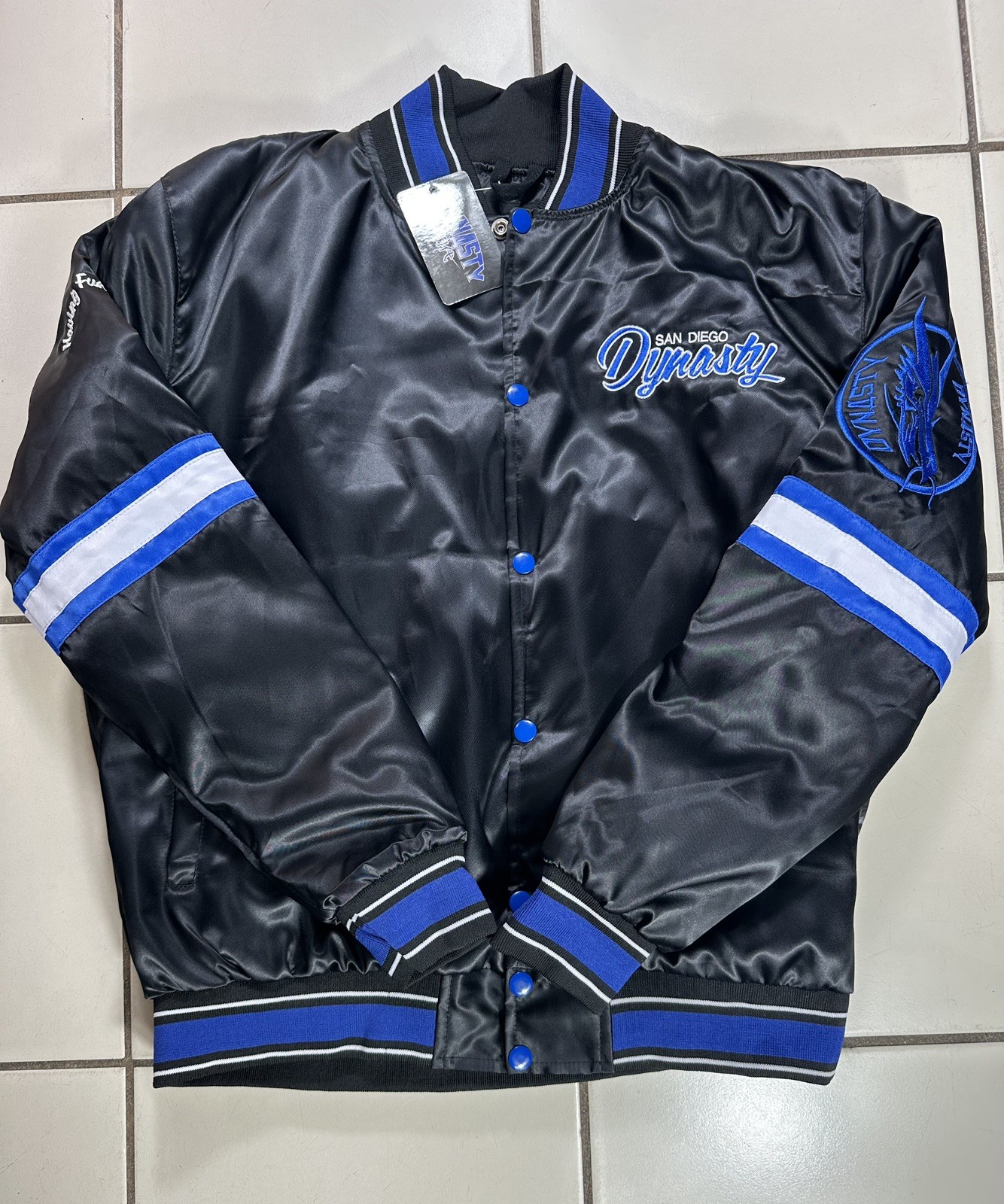 Dynasty San Diego Varsity Jacket Snap Front Embroidered Logo Black Blue M.
