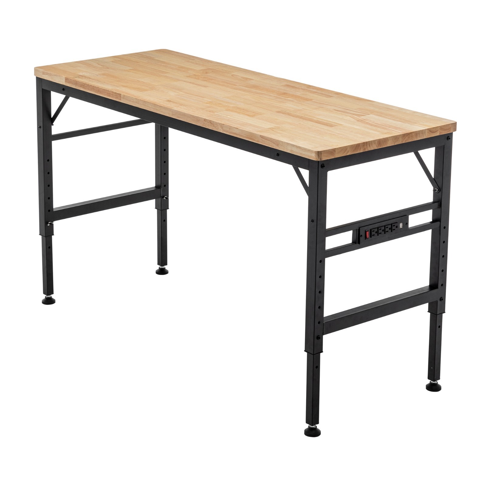 Adjustable Height Workbench, 60" Rubber Wood Top Heavy duty Workstation with Pow