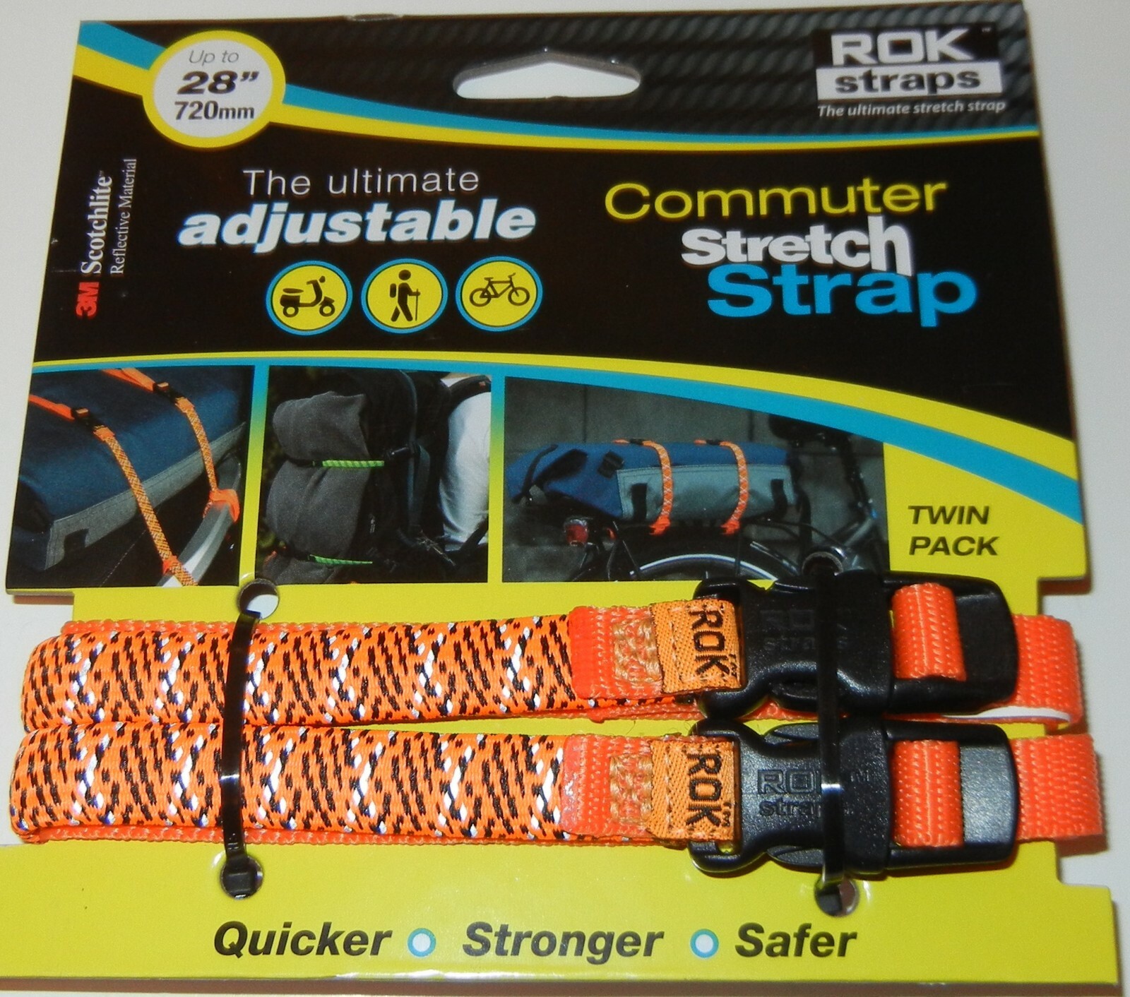 ROK Straps Commuter Stretch Straps Adj 12"-28" x 3/8 Orange/Black Reflective