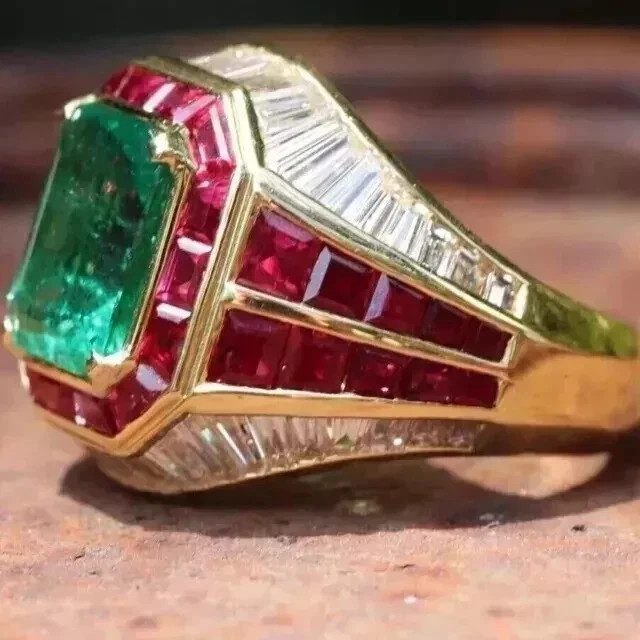 3.12Ct VVS1 Lab-Created Emerald & Ruby Men's Anniversary 14K Yellow Gold FN Ring