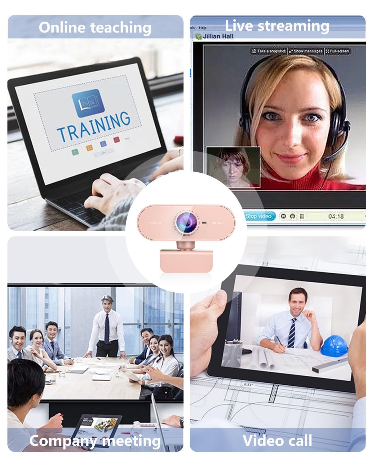 Webcam for PC&1080P HD Web Cam,Webcam with Microphone,Stand Pink