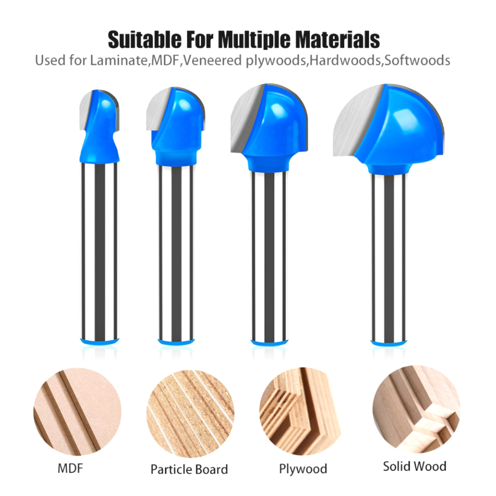 4Pcs/Set 1/4 inch Shank Solid Carbide Round Nose Router Bit Replacement