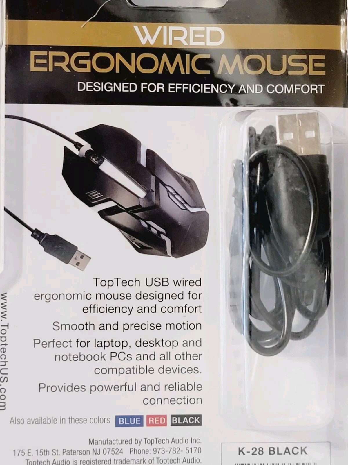TopTech Wired Optical Ergonomic Smooth Glide Mouse USB 