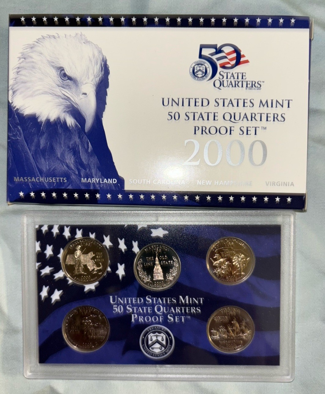 2000-S US Mint State Quarters Clad Proof Set w/ Box & COA Feat. MA,MD,SC,NH,VA