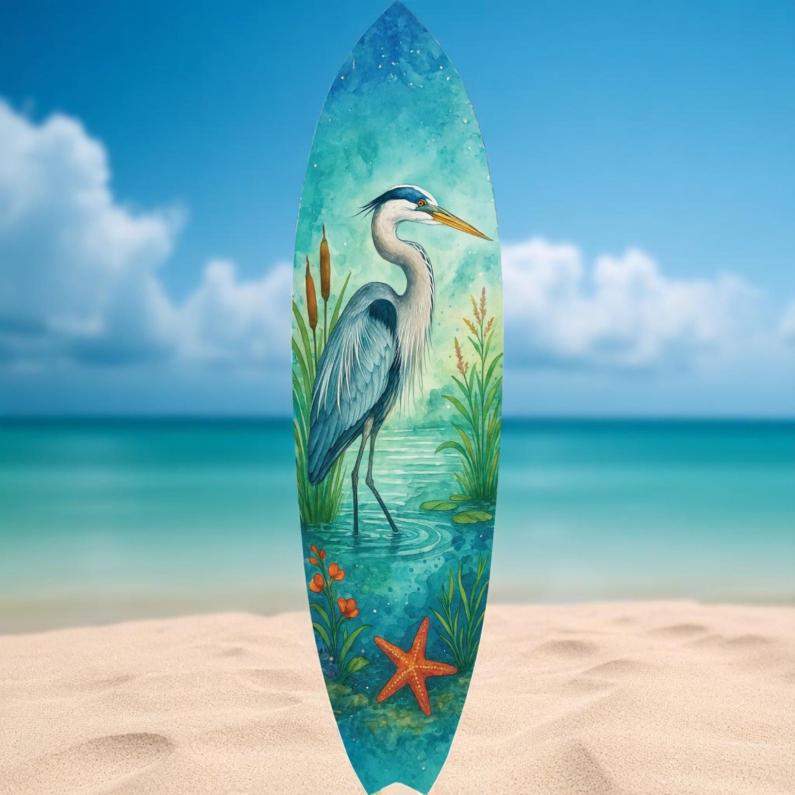 Egret Surfboard Wall Art, Coastal Bird Decor, PVC Indoor Outdoor, 3 - 5 Feet