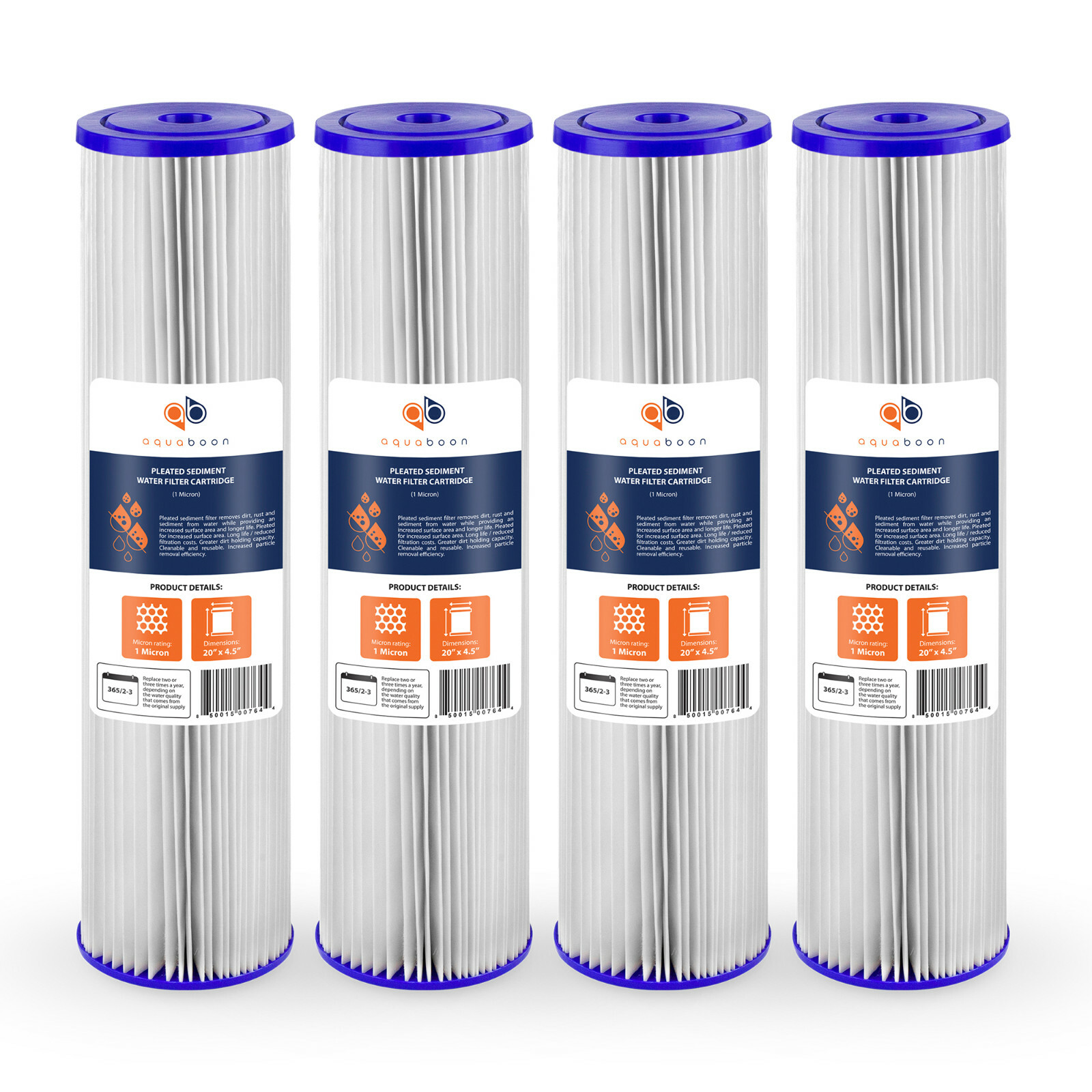4PK of Big Blue 1µm Pleated Washable Sediment Water Filter 20"x4.5" by Aquaboon