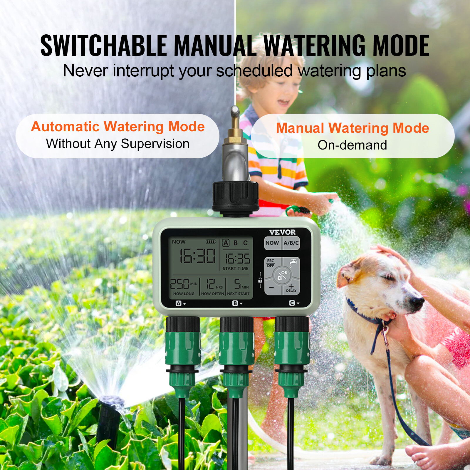 VEVOR Water Timer 3 Outlets Hose Watering Sprinkler Timer LCD Rain Delay Mode