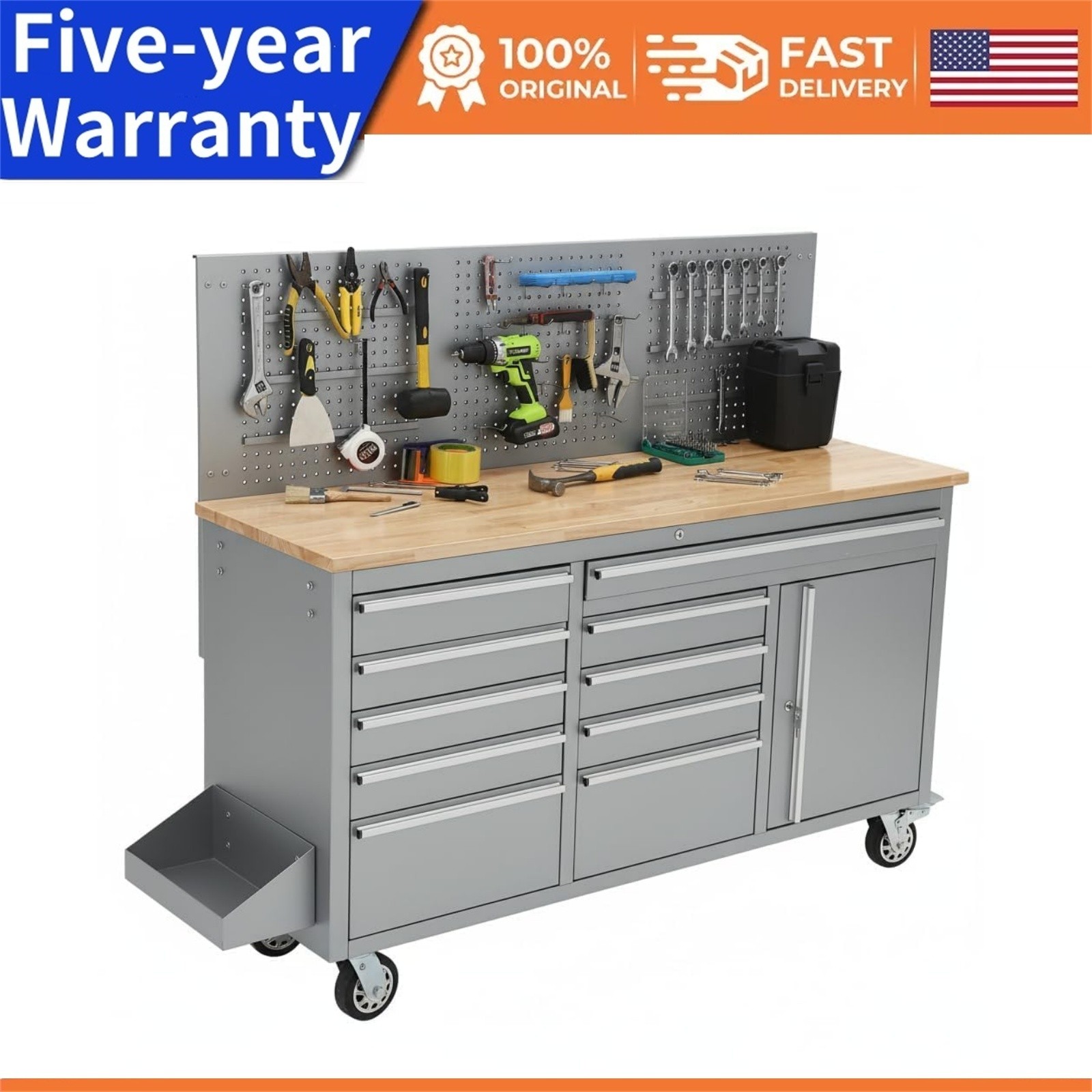 Tool Chest 61” Work Bench with Rolling Tool Chest W/Rubber Wood Top 10 Drawers