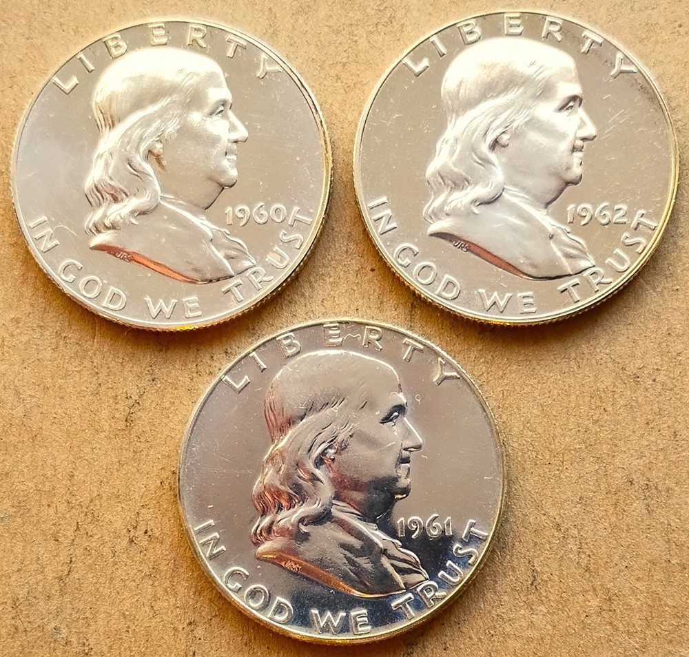1960P 1961P 1962P Half Dollar Lot Of 3 90% Silver Proof Franklin Half Dollars
