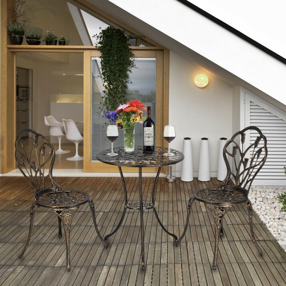 3 PCS Bistro Set Antique Outdoor Patio Furniture Leaf Design Cast Aluminum Home
