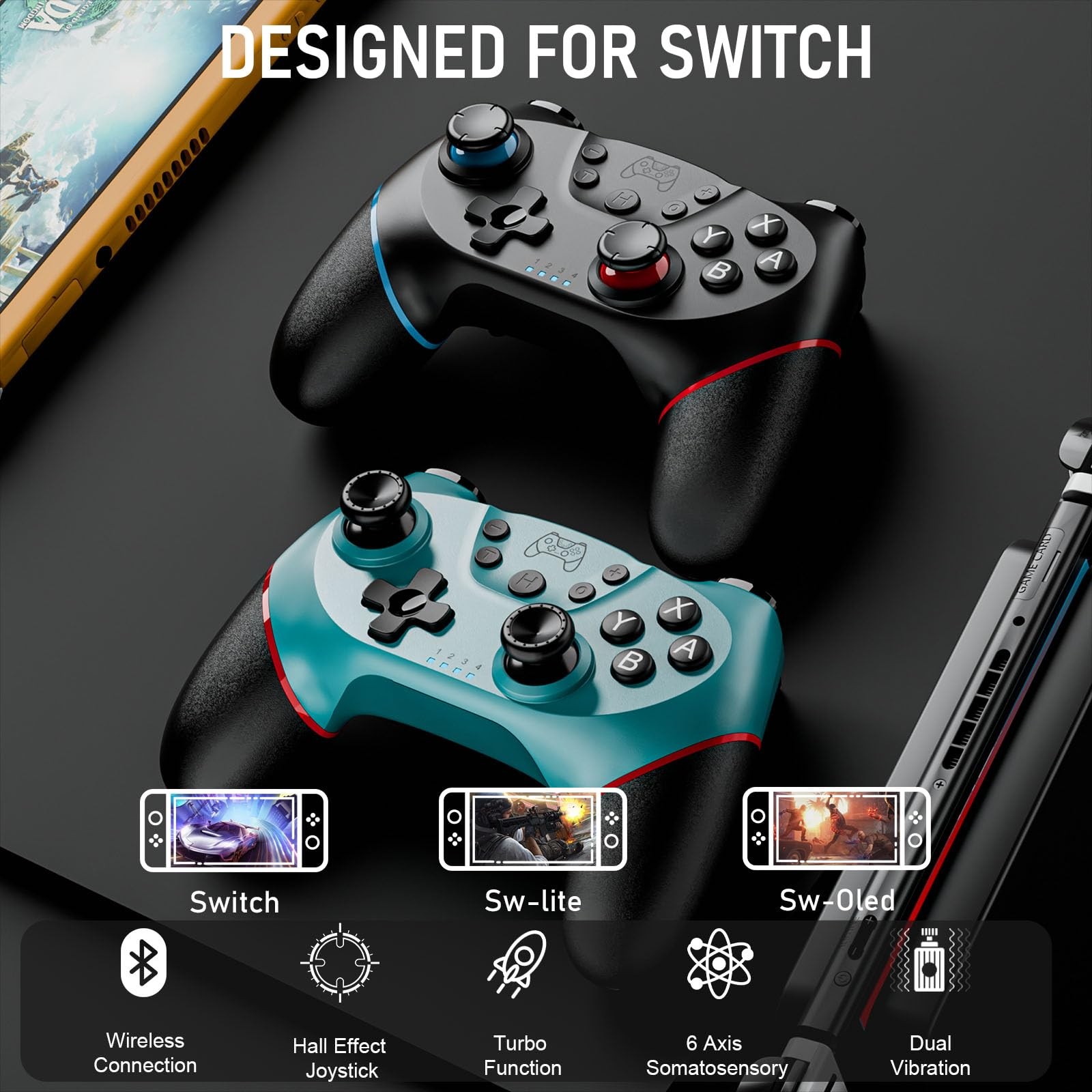 Diswoe Switch Controllers, 2 Pack Wireless Pro Controller for black and blue