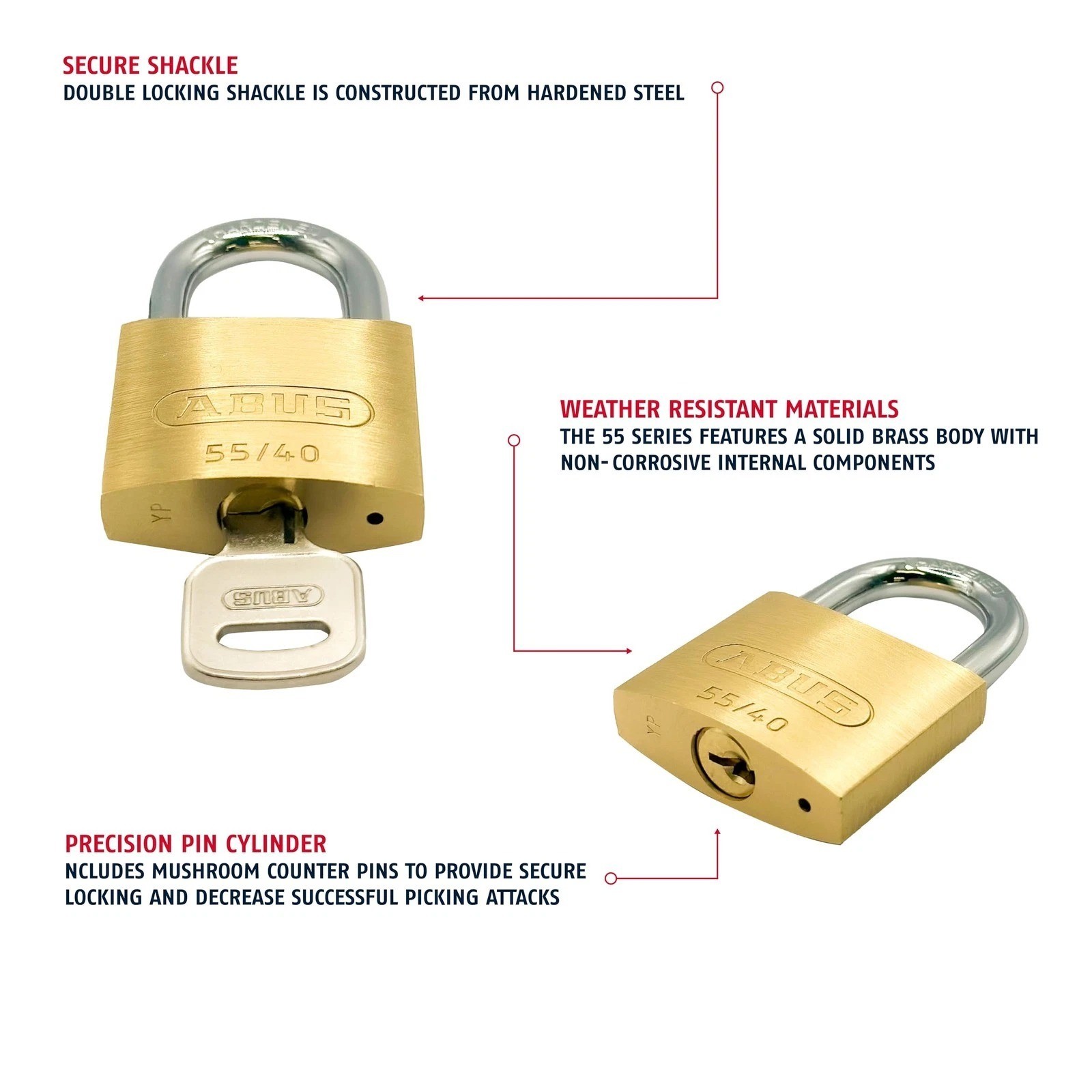 ABUS 55/40 Solid Brass Padlock with Hardened Steel Shackle, Keyed Different