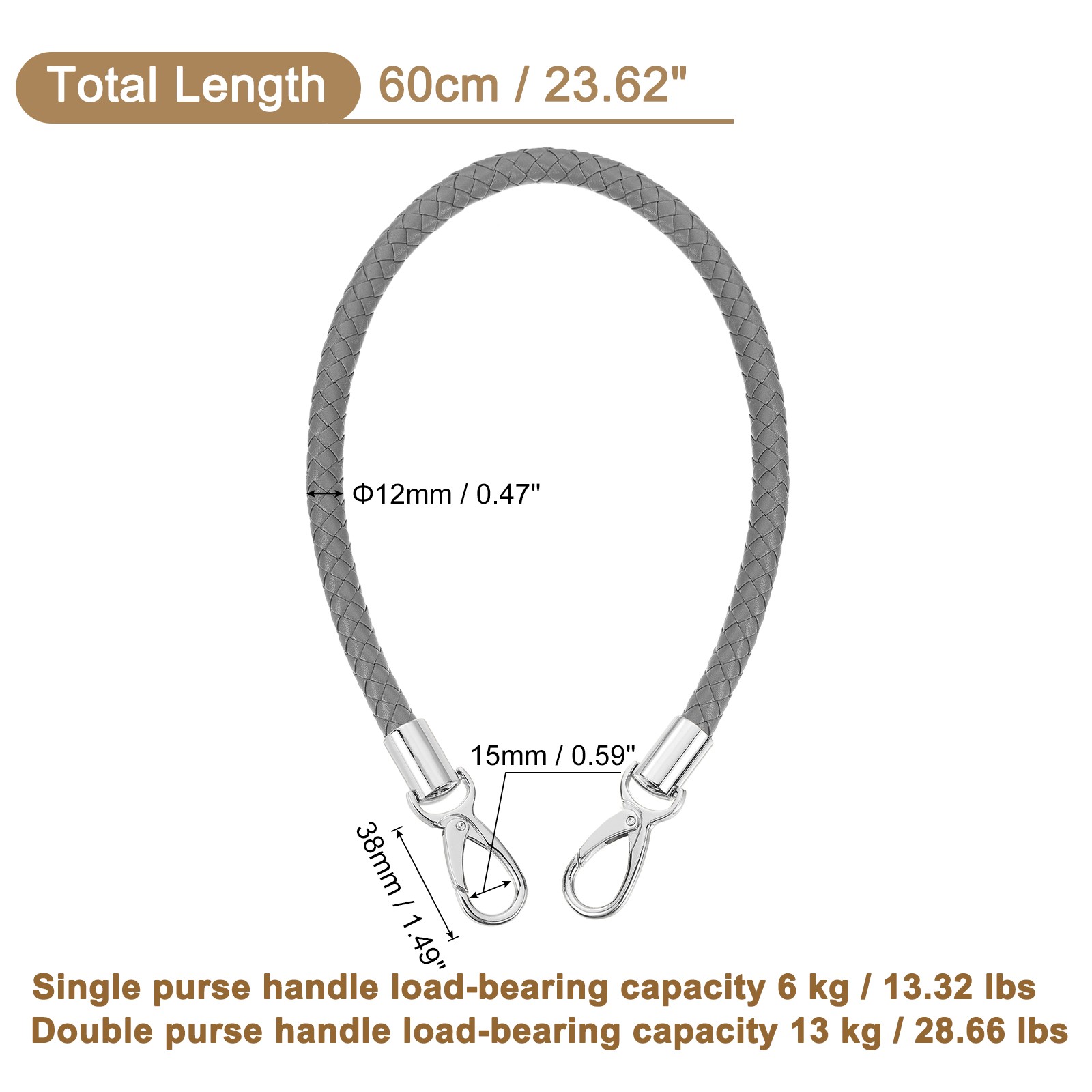 60cm Short Leather PU Braided Purse Replacement Handle - Dark Gray, Silver