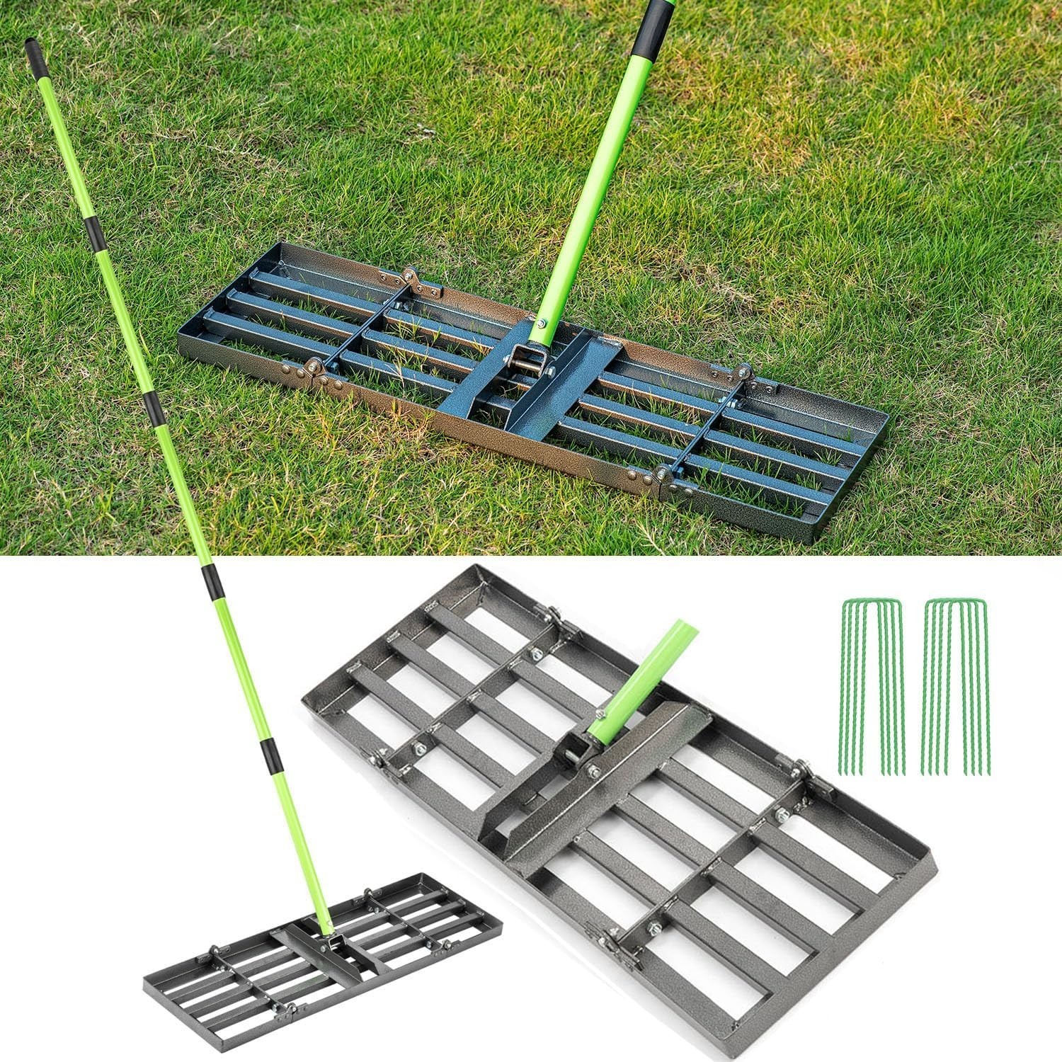 Lawn Leveling Rake 30"x10" Stainless Steel Lawn Leveler Green Positioning Stakes