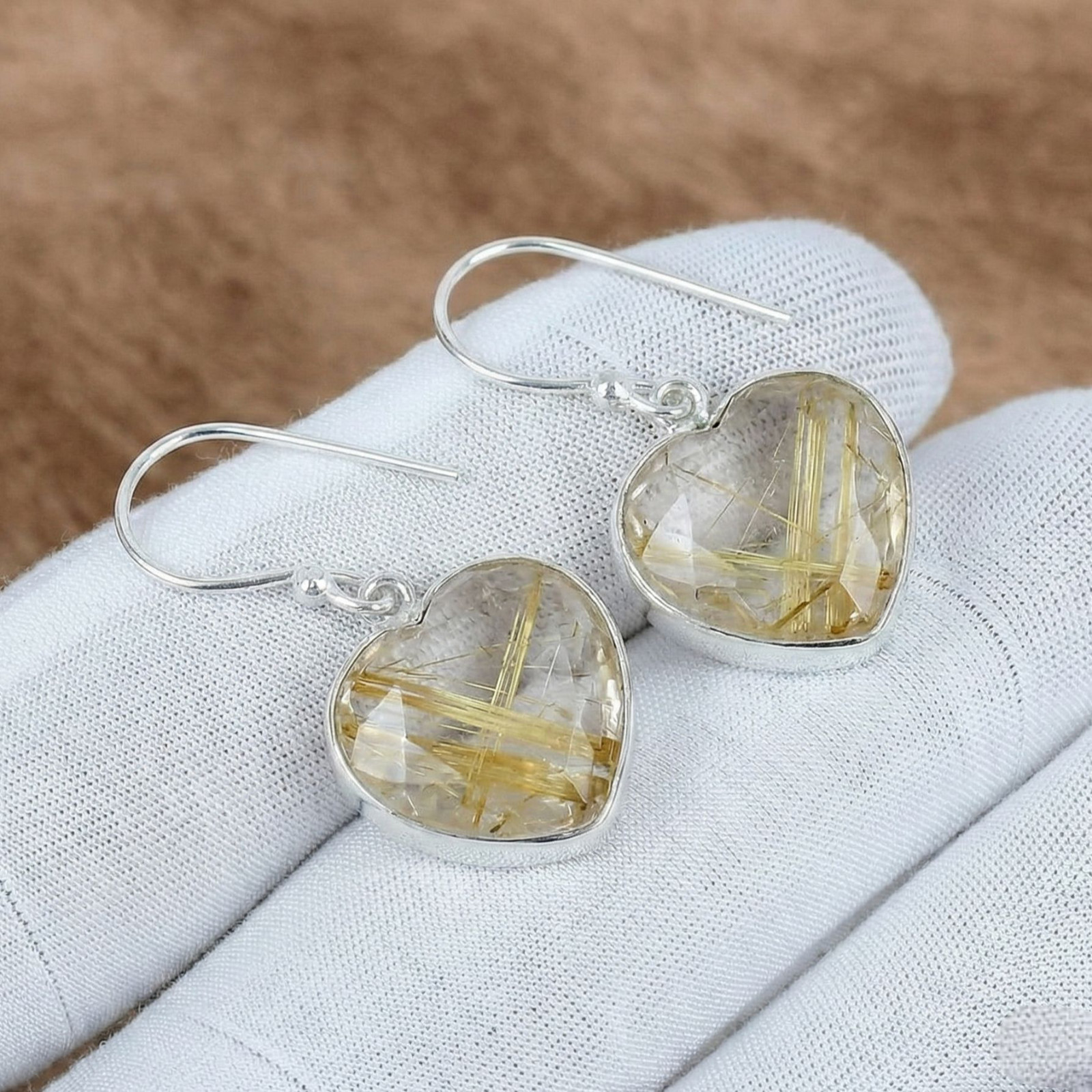 925 Sterling Silver Golden Rutile Quartz Heart Drop Earrings Dangle Women Gift