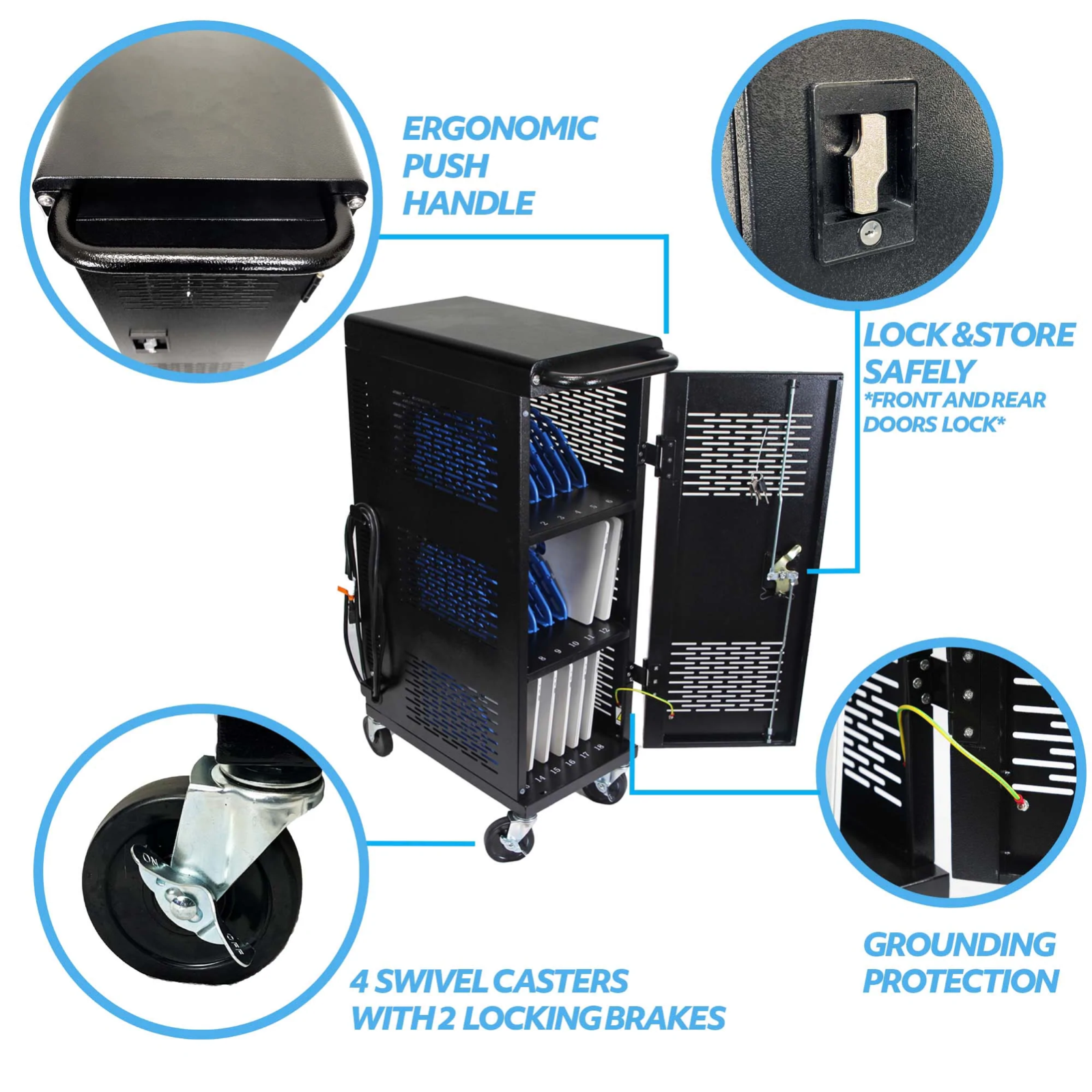 Fully Assembled 18 Device Charging Station Cart Secure Cable Management Black