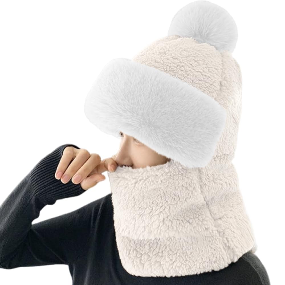 OULIGET One Piece Windproof Scarf Hat,3 in 1 Winter Plush 18 Years, White